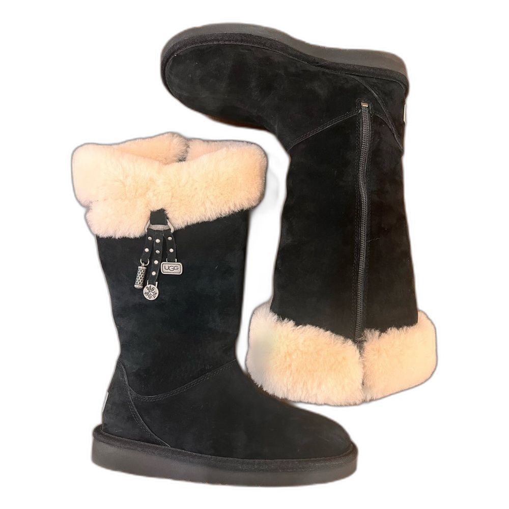UGG Plumdale Charms 1006710 Womens 6 Black Suede Tall Shearling Fur Zip Boots